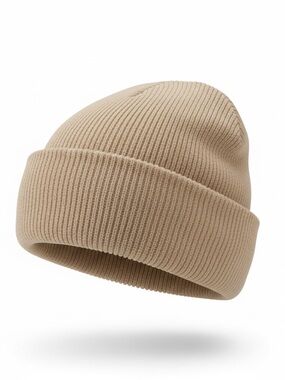 Men's Ribbed Turn-Up Beanie Hat - Beige